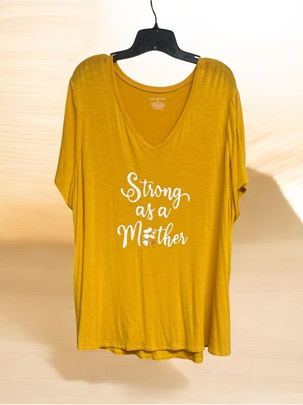 Lane Bryant Mustard Yellow V-Neck 'Strong as a Mother' Tee